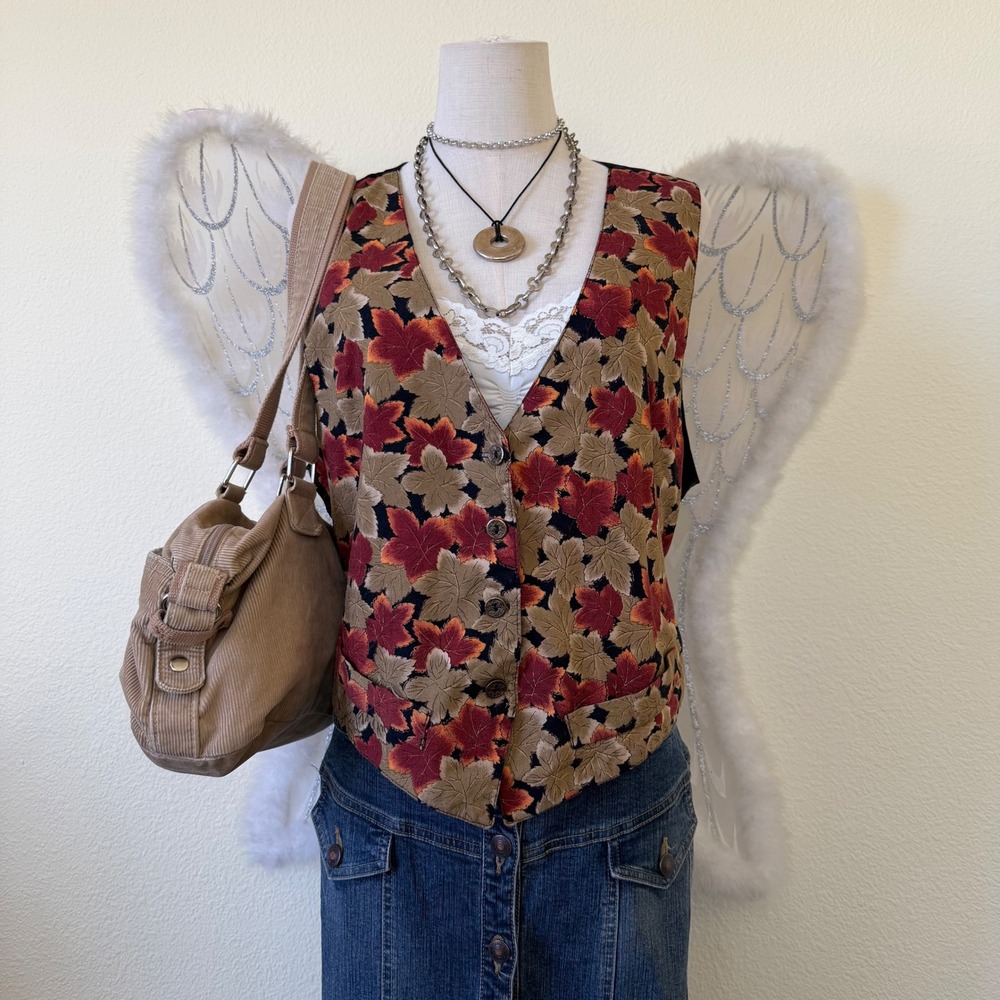90s Forest‎ Girl Floral Leaf Print Vest Goblincore Retro Teacher Funky Floral